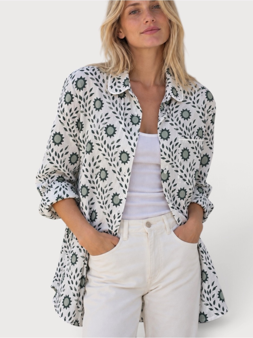 Julia Amory Husband Shirt 100% Cotton Sage White Block Print Coastal Chic NWT M